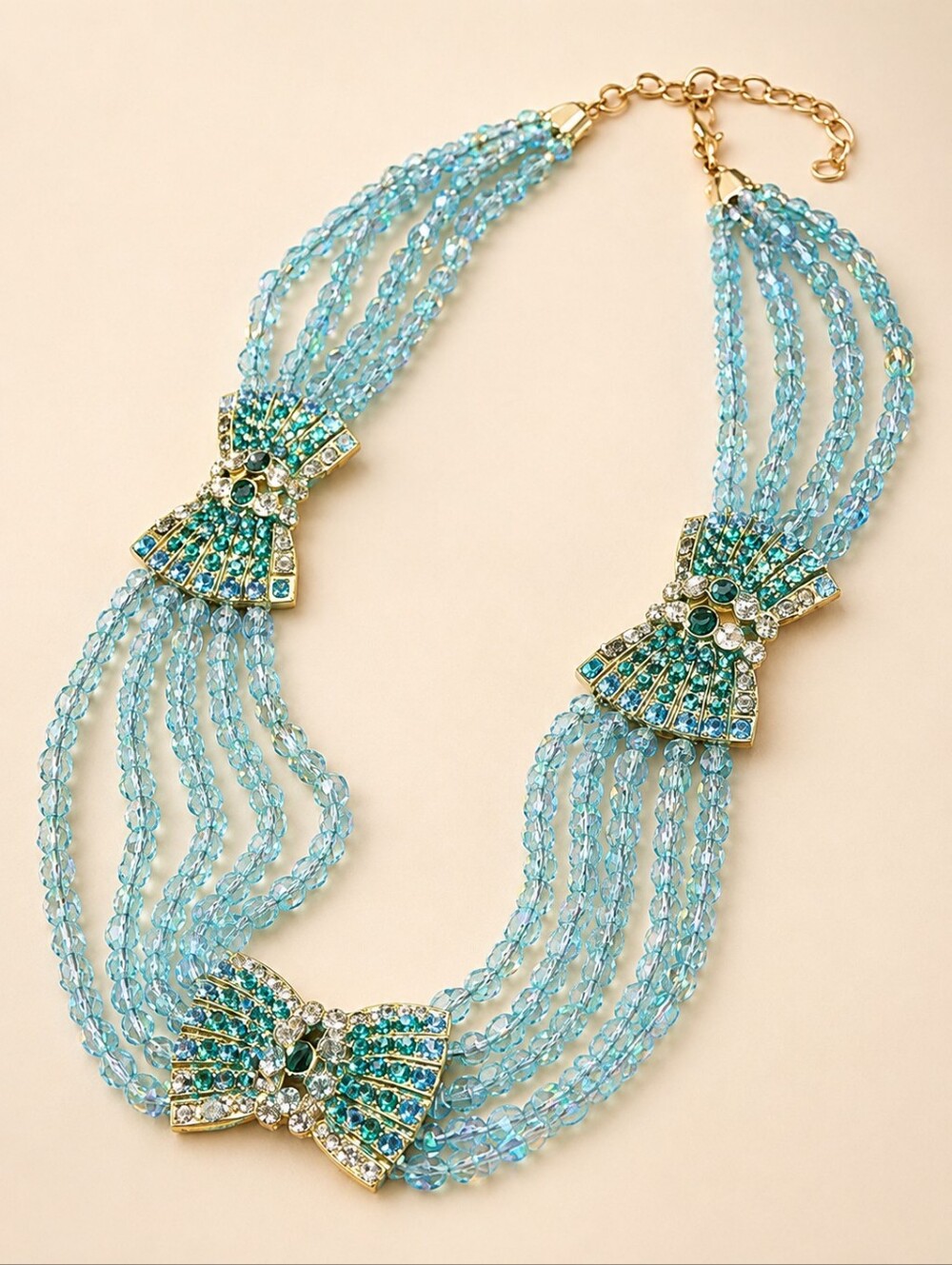 Blue Multi-Strand Beaded Statement Necklace & Earrings Set Glam Rhinestone Bow.